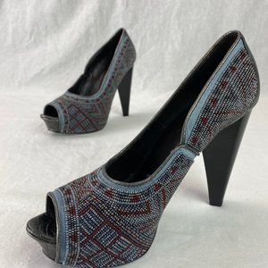 Donald J Pliner, "Ceci" grey red beaded heel 8.5M